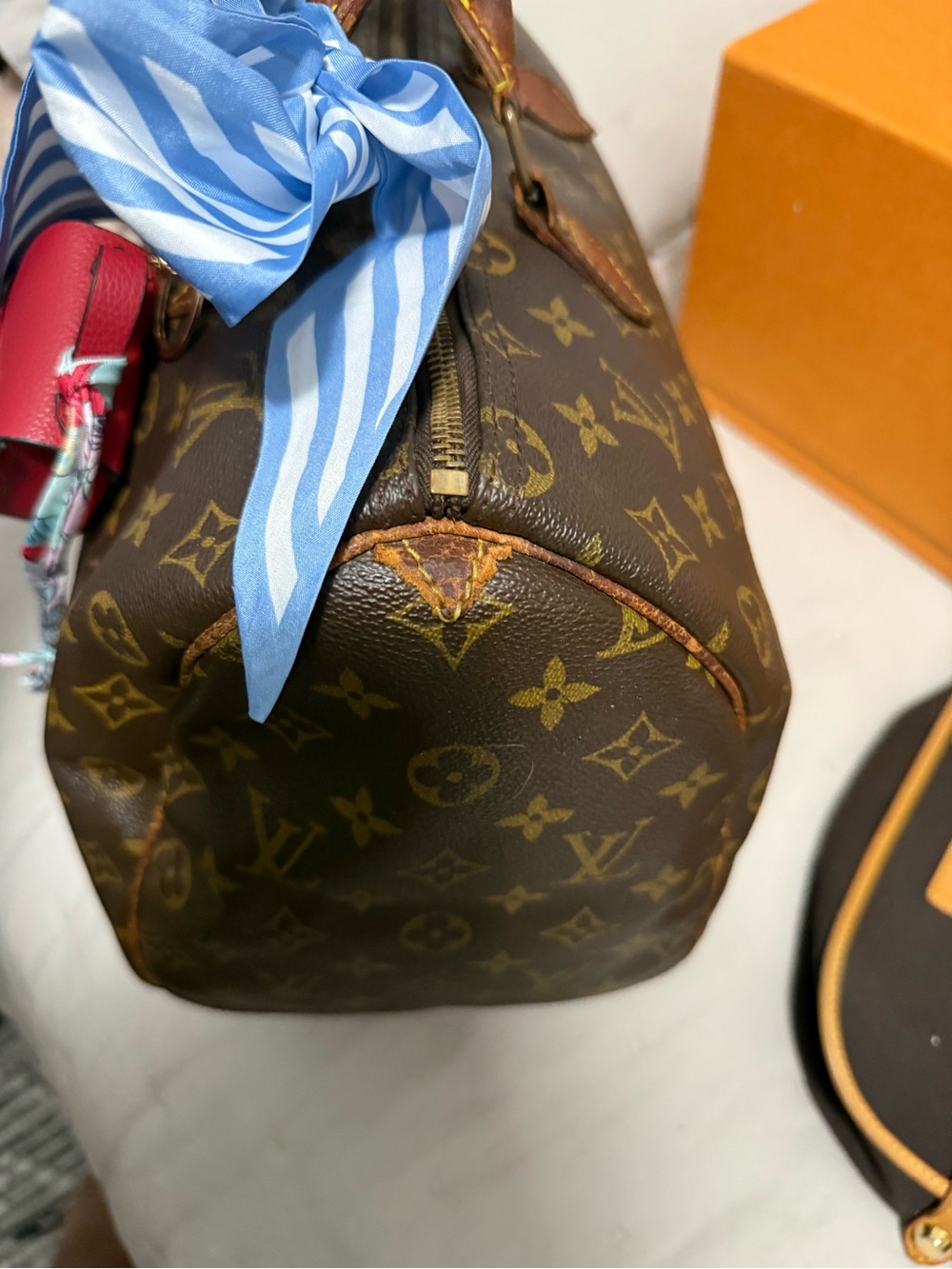 Louis Vuitton Monogram Canvas speedy 35 Bag with Red Charm and Blue Scarf - Picture 3 of 10